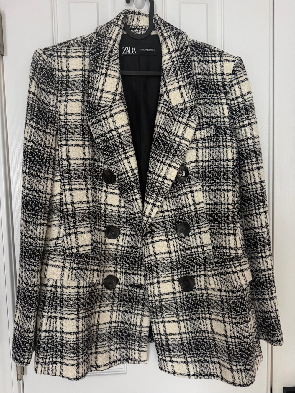 Zara Black & Cream Plaid Double-Breasted Blazer